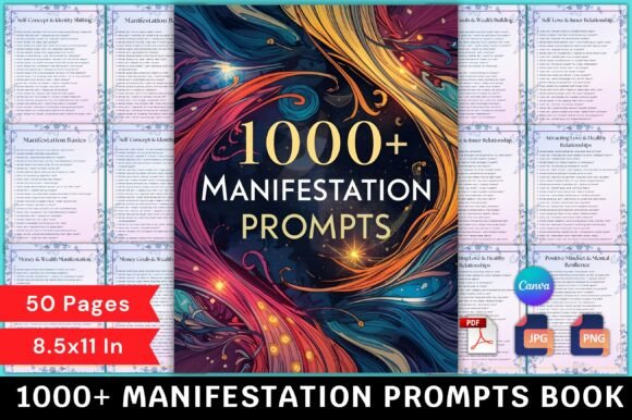 ## What Makes 1000+ Manifestation Prompts Stand Out

The **1000+ Manifestation Prompts** collection stands out as a powerful, structured blueprint for personal and financial transformation. Unlike generic journals, this comprehensive tool is designed to guide you step by step through mindset alignment, identity shifting, and abundance creation. Each prompt is intentionally crafted to help you uncover limiting beliefs, redefine your self-concept, and embody the version of yourself who already lives your dream life.

This book goes beyond surface-level affirmations. It includes deep sections on money manifestation, wealth mindset rewiring, goal setting, emotional wellness, physical vitality, and self-love. The prompts are organized to create momentum — helping you move from clarity to confidence, and from intention to aligned action. It also encourages a holistic glow-up by combining mindset work with daily habits and long-term vision planning.

Designed for flexibility, this product includes high-quality printable PDF, PNG, and JPG files, plus a fully editable Canva link for customization. Sized at 8.5 × 11 inches, it’s ready for print or digital use.

Perfect for coaches, journal creators, KDP publishers, and anyone committed to conscious growth and abundance.
