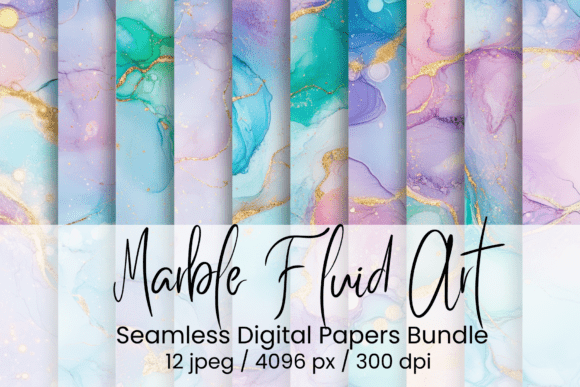 ## What Makes This Marble Fluid Art Paper Pack Stand Out

This **Marble Fluid Art paper pack** stands out for its rich movement, luminous detail, and modern luxury aesthetic. Featuring fluid marble textures, expressive alcohol ink swirls, and subtle gold glitter accents, each design captures the organic beauty of real poured art while maintaining crisp digital clarity. The flowing compositions create depth and elegance, making every project feel refined and visually captivating.

With seamless formatting, these papers are perfect for large backgrounds, surface design, packaging, branding, social media graphics, stationery, and print-on-demand products. The high resolution ensures sharp detail and vibrant color, whether used digitally or printed.

**What You’ll Get:**

* 12 high-resolution JPEG files (300 DPI)
* Size: 13.6″ × 13.6″ (4096 × 4096 px)
* Seamless designs for effortless tiling
* Instant digital download, ready to use

**Important Information:**
This is a digital product. No physical item will be shipped. Colors may vary slightly depending on monitor and printer settings. Files are licensed for personal and commercial use, but may not be resold “as is” or used to create other digital paper sets.

Create stunning, elegant designs with this fluid marble collection.
