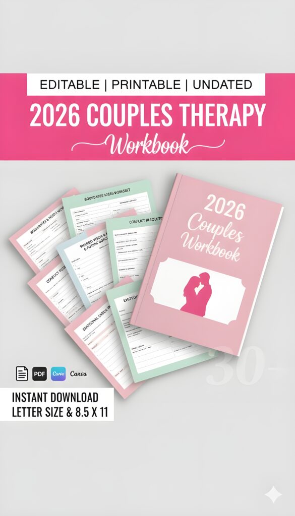 ## What Makes the 2026 Couples Therapy Workbook Stand Out

The **2026 Couples Therapy Workbook** stands out for its structured, compassionate, and growth-focused approach to strengthening relationships. Unlike generic couple journals, this 120-page guided workbook is thoughtfully organized to help partners improve communication, rebuild trust, and deepen emotional connection in a practical, step-by-step way.

Each section is designed with intention. From relationship vision planning and love language tracking to conflict resolution worksheets and emotional check-ins, every page encourages honest reflection and constructive dialogue. The structured exercises help couples move beyond surface conversations, fostering real understanding, empathy, and emotional intimacy. The inclusion of a weekly couple planner and affirmation pages ensures that growth becomes a consistent, shared practice rather than a one-time effort.

The professional 8.5 × 11-inch with-bleed layout ensures a clean, premium print-ready format, while the 12 editable Canva pages offer customization for therapists, coaches, or personal branding. This flexibility makes it ideal for KDP publishing, counseling sessions, or private couple journaling.

Perfect for couples seeking clarity, connection, and long-term growth, this workbook transforms relationship work into a guided, meaningful journey.
