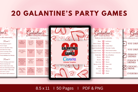 ## What Makes This Galentine’s Day Game Pack Stand Out

This **Galentine’s Day Game Pack** stands out because it’s thoughtfully designed specifically for celebrating friendship, fun, and unforgettable girls’ nights. Unlike generic party games, this collection focuses entirely on the Galentine’s theme, making it perfect for creating laughter-filled moments and meaningful connections among friends.

The set includes 20 engaging and interactive games — from Pick-Up Lines and Song Match to Emoji Game, Dirty Mind, Scavenger Hunt, Drinking Dice, and Romantic Movie Quote Quiz. The variety ensures there’s something for every personality, whether your group loves trivia, playful challenges, conversation starters, or party-style activities. An included answer sheet and notes section make hosting effortless and organized.

The printable format allows you to easily print at home or use digitally, offering maximum flexibility. With a 50-page ready-to-use PDF, PNG files, an editable Canva template (Pro account required), and even a PowerPoint version, this pack adapts to different hosting styles and event setups. The 8.5 × 11-inch with-bleed layout ensures professional, print-ready quality.

Perfect for Galentine’s parties, girls’ nights, and friendship celebrations, this premium interior design delivers fun, convenience, and memorable experiences in one complete bundle.
