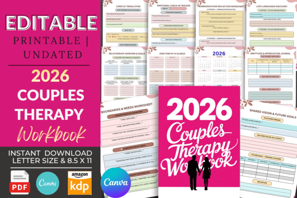 ## What Makes the 2026 Couples Therapy Workbook Stand Out

The **2026 Couples Therapy Workbook** stands out for its structured, compassionate, and growth-focused approach to strengthening relationships. Unlike generic couple journals, this 120-page guided workbook is thoughtfully organized to help partners improve communication, rebuild trust, and deepen emotional connection in a practical, step-by-step way.

Each section is designed with intention. From relationship vision planning and love language tracking to conflict resolution worksheets and emotional check-ins, every page encourages honest reflection and constructive dialogue. The structured exercises help couples move beyond surface conversations, fostering real understanding, empathy, and emotional intimacy. The inclusion of a weekly couple planner and affirmation pages ensures that growth becomes a consistent, shared practice rather than a one-time effort.

The professional 8.5 × 11-inch with-bleed layout ensures a clean, premium print-ready format, while the 12 editable Canva pages offer customization for therapists, coaches, or personal branding. This flexibility makes it ideal for KDP publishing, counseling sessions, or private couple journaling.

Perfect for couples seeking clarity, connection, and long-term growth, this workbook transforms relationship work into a guided, meaningful journey.
