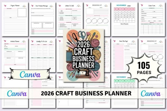 ## What Makes the Editable 2026 Craft Business Planner Stand Out

The **Editable 2026 Craft Business Planner Canva Template** stands out as a complete business management system designed specifically for creative entrepreneurs. Unlike basic planners, this interior is structured to support every stage of a craft business — from idea development and branding to sales tracking, marketing strategy, and financial organization.

What makes this design unique is its business-focused depth. With dedicated sections for inventory tracking, income and budget management, product analysis, competitor research, craft show planning, seasonal promotions, customer feedback, and tax deductions, it functions as a professional operations toolkit — not just a planner. It helps handmade sellers, Etsy shop owners, and creative business owners stay organized, profitable, and growth-oriented throughout 2026.

The 105-page layout is clean, structured, and ready for professional printing in 8.5 × 11 inches, CMYK color, and 300 PPI resolution. Fully editable via Canva, you can customize text, branding, colors, and layout to match your business identity. The files are KDP-tested and include high-quality PDF, JPG, and PNG formats, making them ideal for publishing or personal business use.

This planner empowers creatives to turn passion into a structured, scalable business with clarity and confidence.
