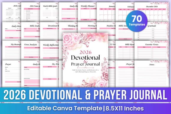 ## What Makes the 2026 Devotional & Prayer Journal Stand Out

The **2026 Devotional & Prayer Journal** stands out as a complete faith-centered planning system designed to support daily spiritual growth, reflection, and intentional living. Unlike simple devotionals or basic planners, this journal thoughtfully integrates Bible study, prayer tracking, gratitude practice, and structured planning into one cohesive and meaningful experience.

What makes this design unique is its balance between organization and spiritual depth. It includes yearly and monthly planning pages alongside daily devotionals, scripture reflection sections, sermon notes, Bible study layouts, gratitude journaling, prayer lists, and faith-based goal tracking. This structure allows users to align their schedules with their spiritual priorities, encouraging consistent reflection and growth throughout 2026.

The 8.5 × 11-inch format provides generous writing space, while the clean, no-bleed layout ensures professional print-ready quality. With 70 fully editable Canva templates and high-resolution JPG, PNG, and PDF files in CMYK color, this journal offers full customization for personal use, church groups, or KDP publishing.

Perfect for believers seeking clarity, discipline, and deeper connection in their faith journey, this journal transforms daily planning into a purposeful spiritual practice.
