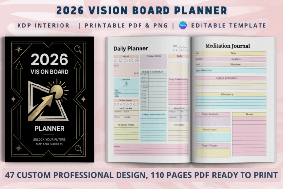 What Makes the 2026 Vision Board Planner Stand Out

The  2026 Vision Board Planner – Canva Template** stands out because it combines manifestation, structured planning, and mindful self-development into one cohesive system. Instead of separating productivity from personal growth, this planner integrates vision boarding, gratitude practice, mindset work, and daily organization into a unified framework designed for clarity and intentional living.

What makes this design unique is its balance between inspiration and execution. It doesn’t just help you dream — it helps you plan, track, reflect, and take action. With pages dedicated to goal setting, manifestation exercises, daily and weekly planning, mood tracking, habit tracking, meditation journaling, and problem-solving techniques, it supports both emotional alignment and practical productivity throughout the year.

The clean 8.5 × 11-inch with-bleed layout ensures a professional, print-ready experience, while the fully editable Canva template offers complete customization for KDP sellers, coaches, and personal users. With 45 thoughtfully structured pages, this planner is adaptable for digital use or physical printing.

Perfect for creators, planners, and personal growth enthusiasts, this 2026 planner transforms intentions into measurable progress — helping you move through the year with focus, balance, and purpose.
