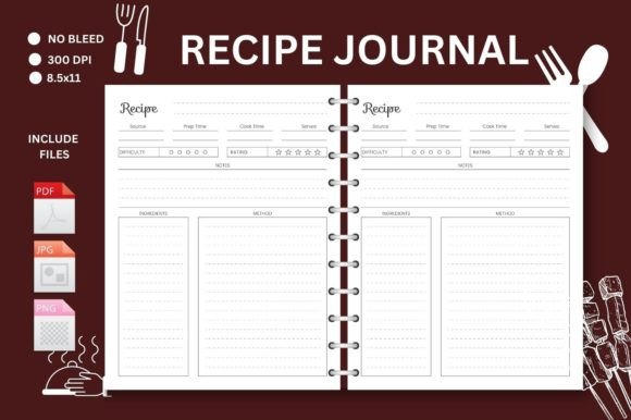 ## What Makes This Blank Food Recipe Book Journal Stand Out

This **Blank Food Recipe Book Journal** stands out as a clean, practical, and highly versatile KDP-ready interior designed for creators who want a professional, ready-to-publish cookbook layout. Unlike generic notebooks, this interior is structured specifically for writing and organizing favorite recipes, making it ideal for personal use or for launching a polished recipe book on Amazon KDP.

With 120 thoughtfully formatted pages, it provides ample space to document ingredients, instructions, cooking notes, and special tips. The 8.5″ × 11″ size offers a spacious layout that’s comfortable for writing and easy to use in the kitchen. The no-bleed format ensures a clean, print-safe design that meets Amazon KDP standards.

Delivered in high-resolution 300 DPI files (JPG, PNG, and PDF), this interior is fully print-ready and 100% tested on Amazon KDP, saving you time and reducing formatting risks. Simply upload and publish.

Perfect for recipe planners, family cookbooks, food bloggers, and KDP low-content sellers, this template provides a professional foundation for creating beautiful, functional cookbooks with ease.

