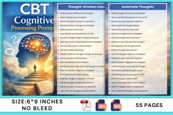 ## What Makes CBT Cognitive Processing Prompts Stand Out

The **CBT Cognitive Processing Prompts** collection stands out for its structured, therapeutic depth and intentional design. Unlike generic mindset journals, this system is built directly on proven Cognitive Behavioral Therapy principles, guiding users step by step through thought awareness, cognitive restructuring, and emotional regulation. Each prompt is carefully crafted to move beyond surface reflection and support meaningful cognitive change.

What makes this design unique is its clarity and organization. The prompts are divided into focused sections—thought identification, cognitive distortions, belief examination, reframing, emotion-specific processing, and long-term resilience building. This allows users to work systematically through anxiety, stress, overthinking, guilt, shame, or self-doubt with structure rather than overwhelm.

The layout is clean, calming, and therapist-friendly, making it suitable for both personal growth and professional practice. Sized at 6 × 9 inches, with high-quality printable PDF, PNG, and JPG files, it works seamlessly for print, tablet use, or digital journaling.

Designed for individuals, therapists, and coaches, this collection supports balanced thinking and psychological flexibility—not by forcing positivity, but by building awareness, insight, and healthier cognitive patterns step by step.
