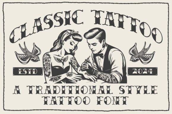 ## What Makes Classic Tattoo Font Stand Out

**Classic Tattoo Font** stands out for its bold heritage style inspired by traditional American tattoo lettering. With strong strokes, sharp serifs, and confident curves, this typeface captures the timeless aesthetic seen in vintage flash art and old-school ink designs. It instantly delivers attitude, authenticity, and character.

What makes this font unique is its balance between decorative flair and solid readability. The structured letterforms maintain clarity while still reflecting the rebellious, handcrafted feel of classic tattoo culture. It’s perfect for apparel graphics, logos, posters, album covers, barbershop branding, and retro-inspired projects.

Classic Tattoo Font brings a powerful visual identity to any design. Ideal for creatives who want typography that feels bold, iconic, and rooted in tradition, this font transforms simple text into a statement of style and heritage.
