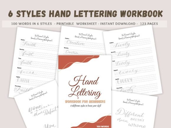 ## What Makes This Handlettering Practice Workbook Stand Out

This **6 Styles of Handlettering Workbook** stands out for its practical, skill-building approach combined with creative versatility. Instead of focusing on just one lettering style, this workbook guides you through mastering six distinct handlettering styles, helping you expand your technique and develop a well-rounded lettering skill set.

What makes this design unique is its structured progression. With 100 practice words carefully selected for repetition and style variation, you build muscle memory, control, and confidence step by step. It’s suitable for beginners who want clear guidance, as well as intermediate and advanced artists looking to refine multiple lettering techniques.

The workbook is designed for both digital and print use. You receive two PDF files in A4 and US Letter sizes, along with Procreate-compatible tools, including a pressure-sensitive lettering brush, a monoline brush, and a coordinated color palette. For the best digital experience, a pressure-sensitive stylus or Apple Pencil is recommended. Prefer traditional practice? Simply print the sheets and use brush pens—large or small—for equally effective results.

Perfect for lettering enthusiasts, digital artists, and creative hobbyists who want structured practice with professional-quality tools.

