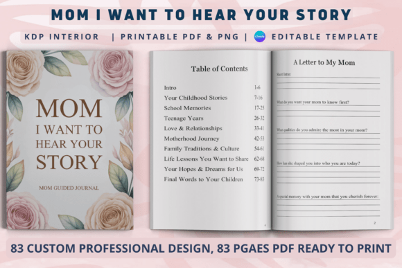 ## What Makes “Mom, I Want to Hear Your Story” Stand Out

This guided memory journal stands out because it transforms simple writing prompts into a deeply meaningful legacy experience. Unlike generic journals, **“Mom, I Want to Hear Your Story”** is intentionally structured to walk mothers through the most important chapters of their lives — from childhood memories and teenage years to love, motherhood, life lessons, and hopes for the future.

What makes this design special is its emotional depth combined with practical usability. The thoughtful prompts encourage storytelling, reflection, and wisdom-sharing in a natural, heartfelt way. The clean, elegant layout provides generous writing space while maintaining a timeless keepsake aesthetic. Each section builds toward creating a complete life narrative — one that children and future generations can treasure forever.

The 6×9 inch print-ready interior with bleed ensures a professional, polished finish, while the fully Canva-editable format offers flexibility for KDP publishers, memory book creators, and gift designers. It’s not just a journal — it’s a legacy project that preserves family history in the most personal way possible.

Perfect for Mother’s Day, birthdays, or family heritage projects, this journal turns memories into a lasting treasure that can be passed down for generations.

