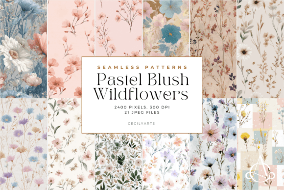 What Makes Pastel Blush Wildflowers Seamless Patterns Stand Out

The Pastel Blush Wildflowers Seamless Patterns collection stands out for its delicate balance of softness and sophistication. Designed with hand-illustrated wildflowers in blush pinks, muted blues, warm neutrals, and gentle pastels, this set creates a calm, romantic atmosphere that enhances your work without overwhelming it. The refined floral compositions feel both modern and timeless, making them suitable for a wide range of creative styles.