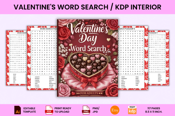 ## What Makes This Valentine’s Word Search Puzzle Book Stand Out

This **Valentine’s Word Search Puzzle Book for Adults** stands out for its perfect balance of romance, relaxation, and mental stimulation. Designed specifically for adult puzzle lovers, it combines themed Valentine’s vocabulary with clean, distraction-free layouts to create an enjoyable and stress-relieving experience.

What truly makes this book unique is the scale and originality of its content. With **100 carefully crafted puzzles**, over **2000+ unique words (no repeats)**, and **20 words per puzzle**, it offers depth and variety while maintaining clarity and readability. Each puzzle is presented on its own page, ensuring a comfortable solving experience without visual clutter. The included answer pages add convenience and completeness to the format.

The large 8.5″ × 11″ print size makes it easy to read, while the 127-page structure provides substantial value for gifting, publishing, or personal use. The editable AI file also offers flexibility for customization or branding, making it ideal for KDP sellers and creators.

Perfect for Valentine’s gifts, couples’ activities, solo relaxation, or seasonal publishing, this puzzle book blends fun, focus, and romance into one polished, ready-to-use design.
